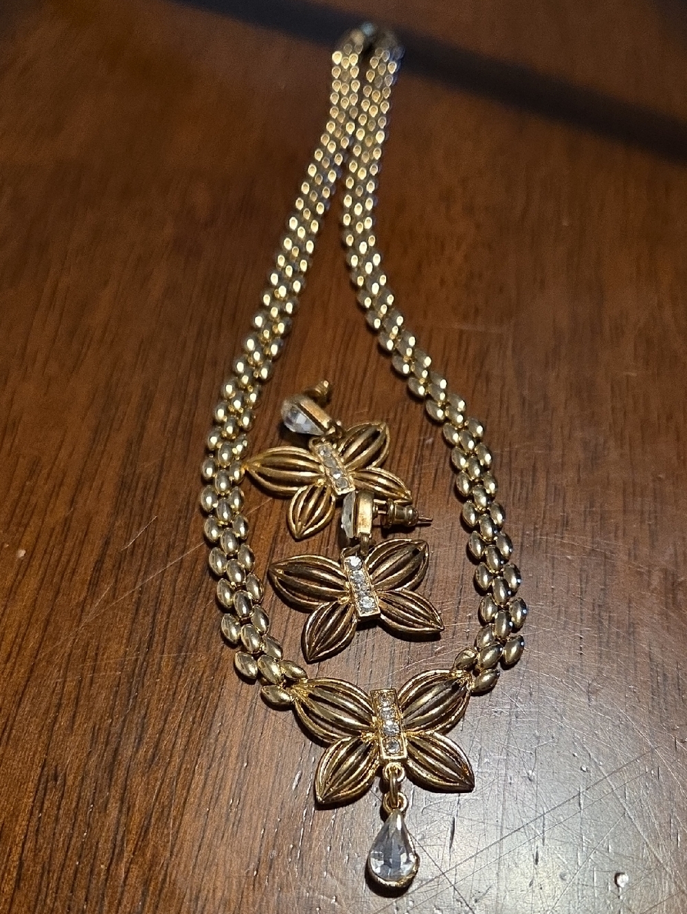 Vintage 1980's Butterfly Pendant Necklace and Earring Set - Gold Tone